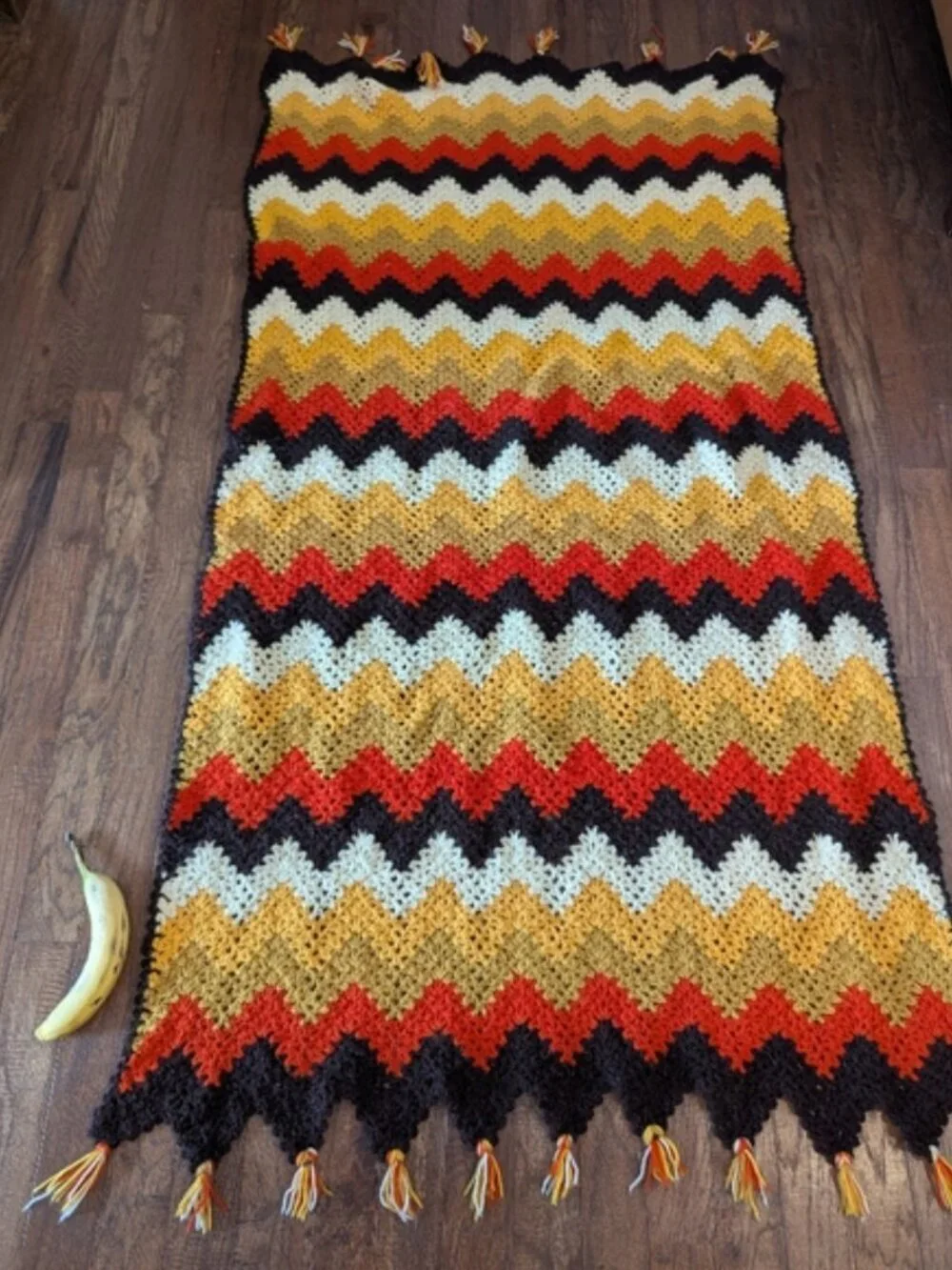 Vintage Chevron Afghan Crocheted Blanket Throw Zig Zag Earthy 70s Retro Groovy
